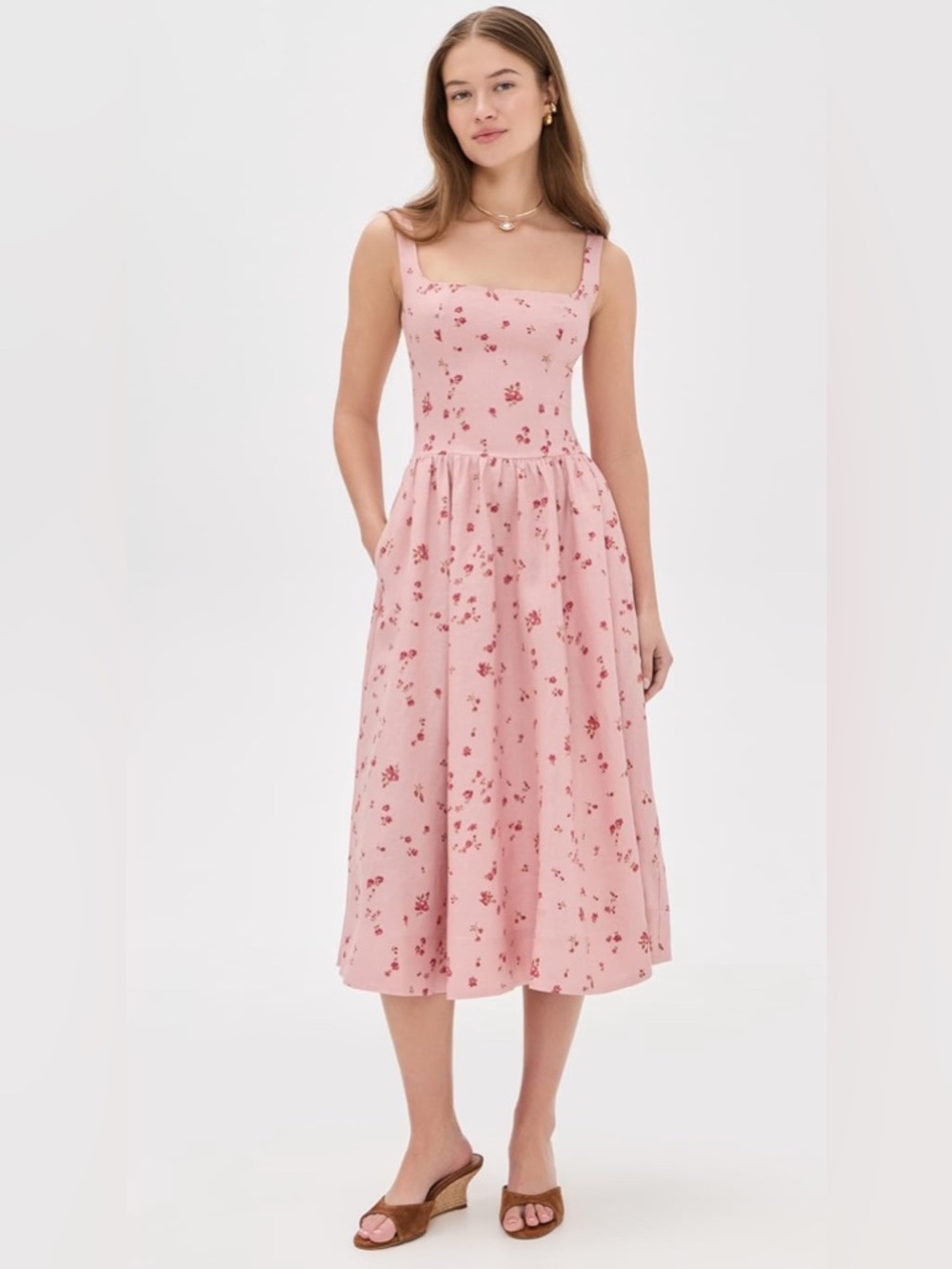 NEW Reformation Janu Midi Linen Dress Noelia Pink Floral | US 4 UK 8